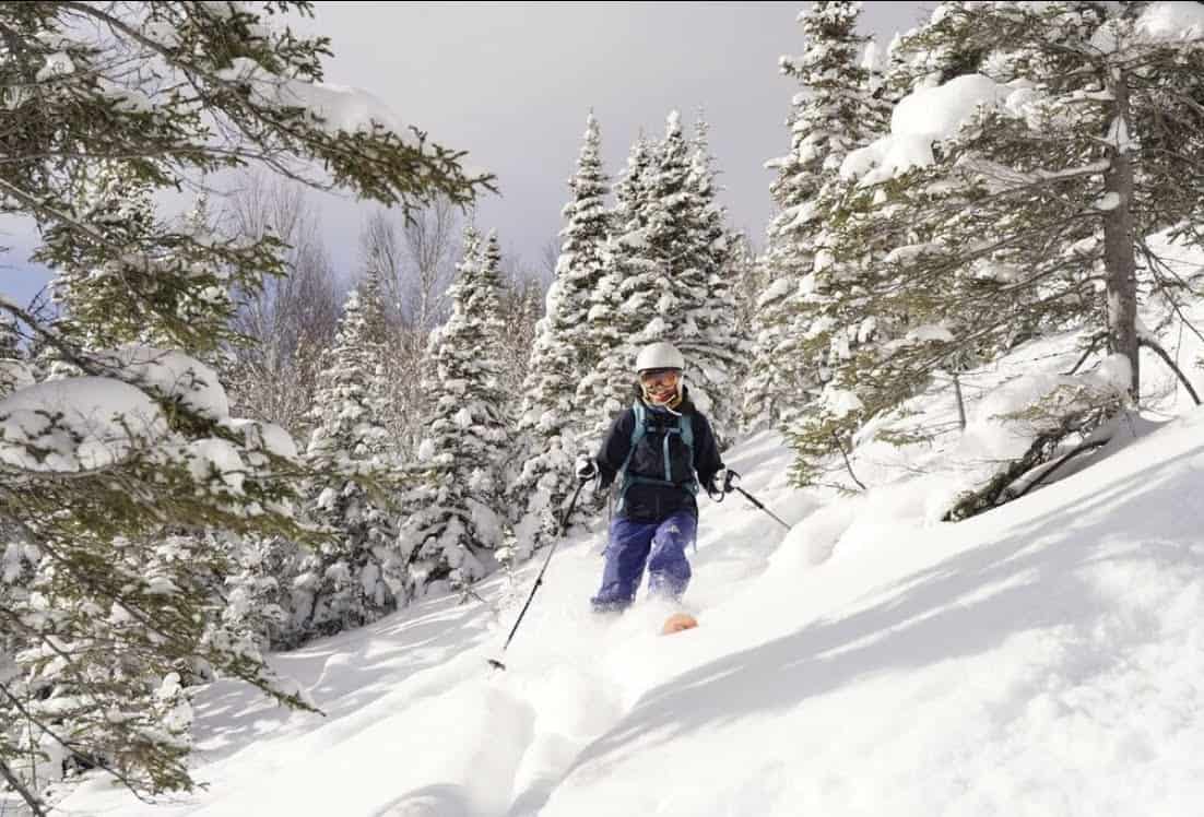 Backcountry skier descending through deep powder snow in a snow-covered evergreen forest in Canada.