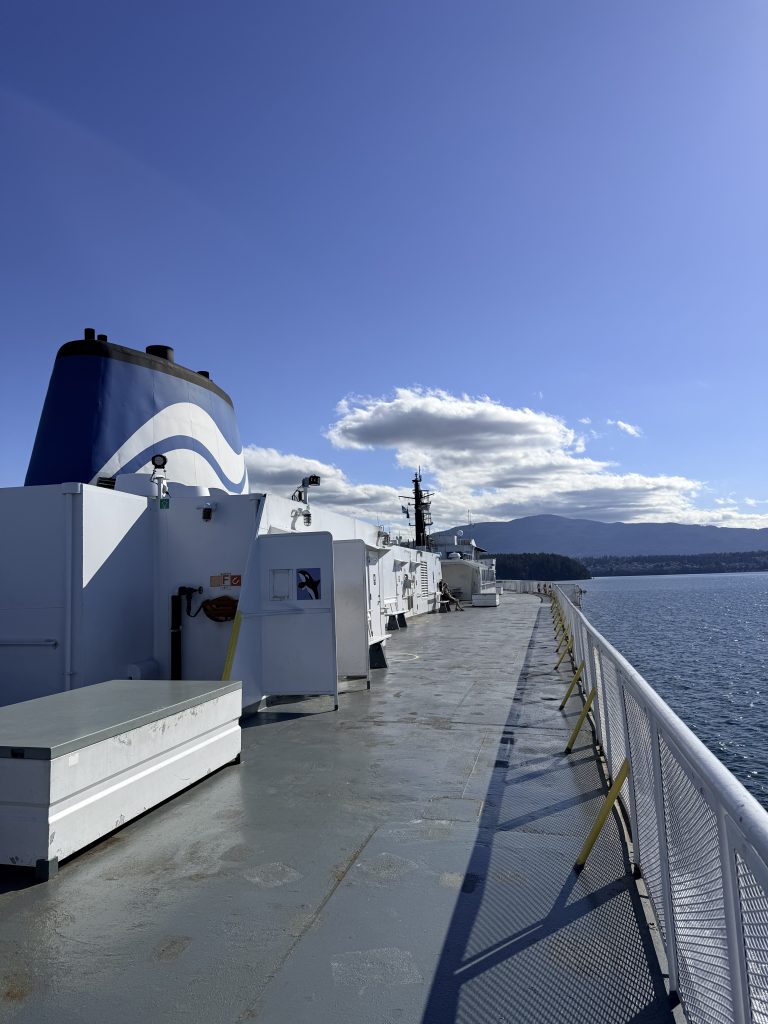BC Ferries funnel and outdoor passenger deck during the journey to Vancouver Island.