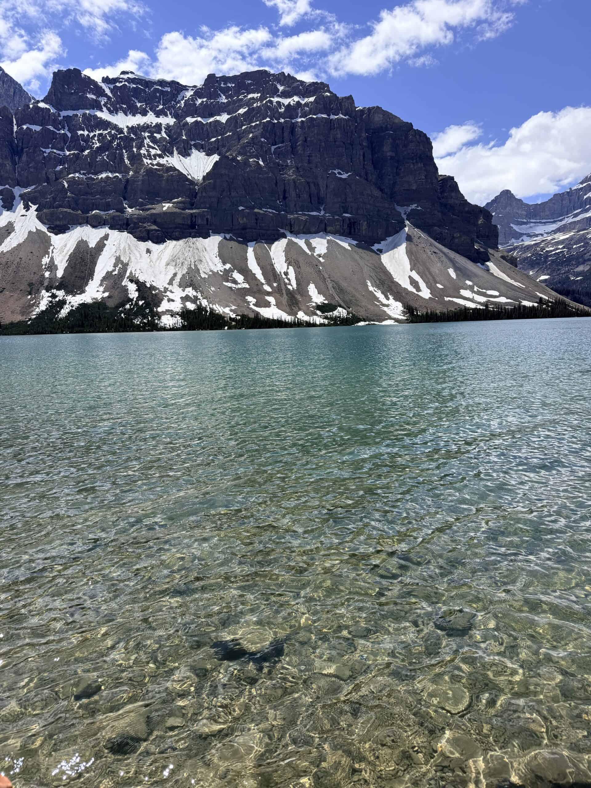 Bow Lake surrounded by mountains along the Icefields Parkway