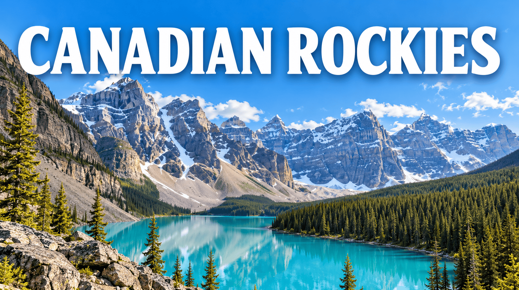 Canadian Rockies mountain landscape with turquoise alpine lake, evergreen forest and snow-capped peaks.