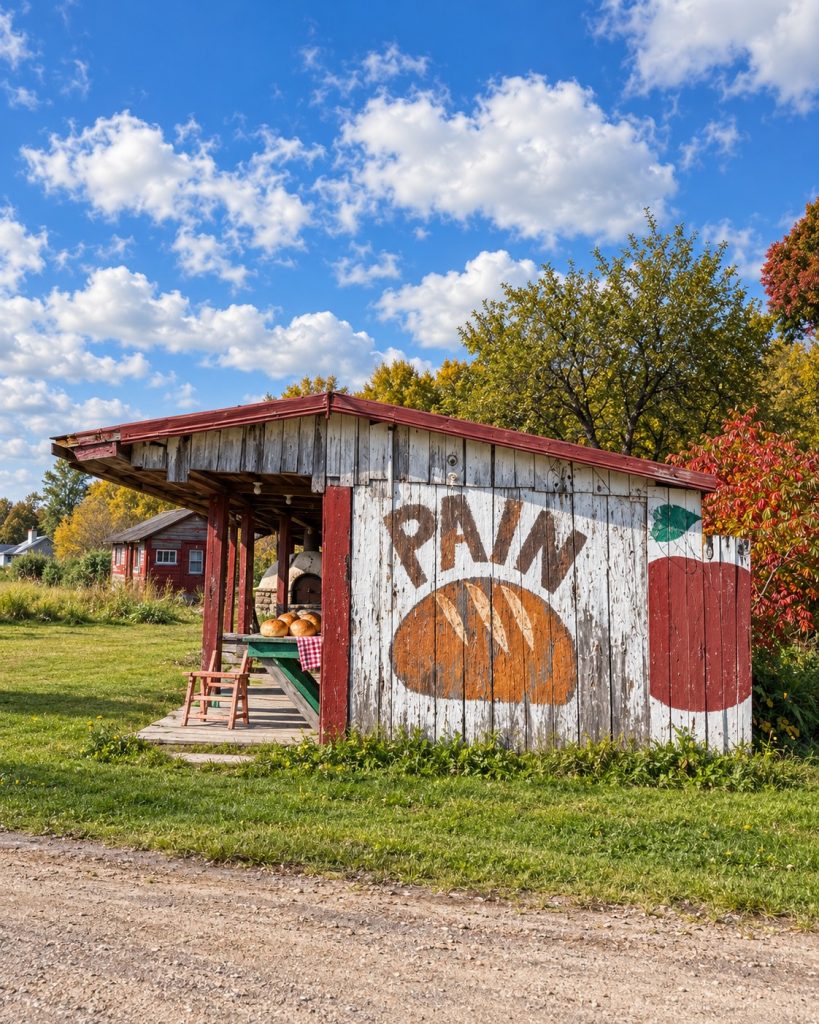 Rustic roadside bread stand along Chemin du Roy with fresh loaves and colourful fall scenery.