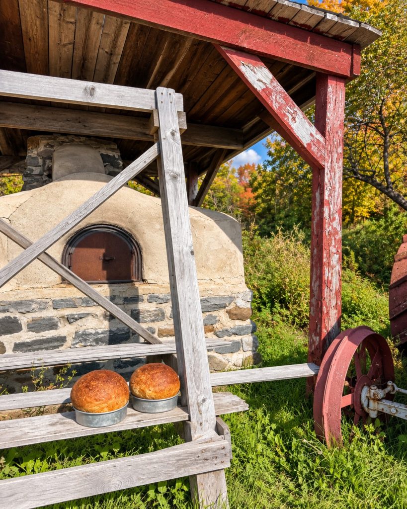 Fresh bread beside a traditional outdoor oven along Chemin du Roy in Quebec.