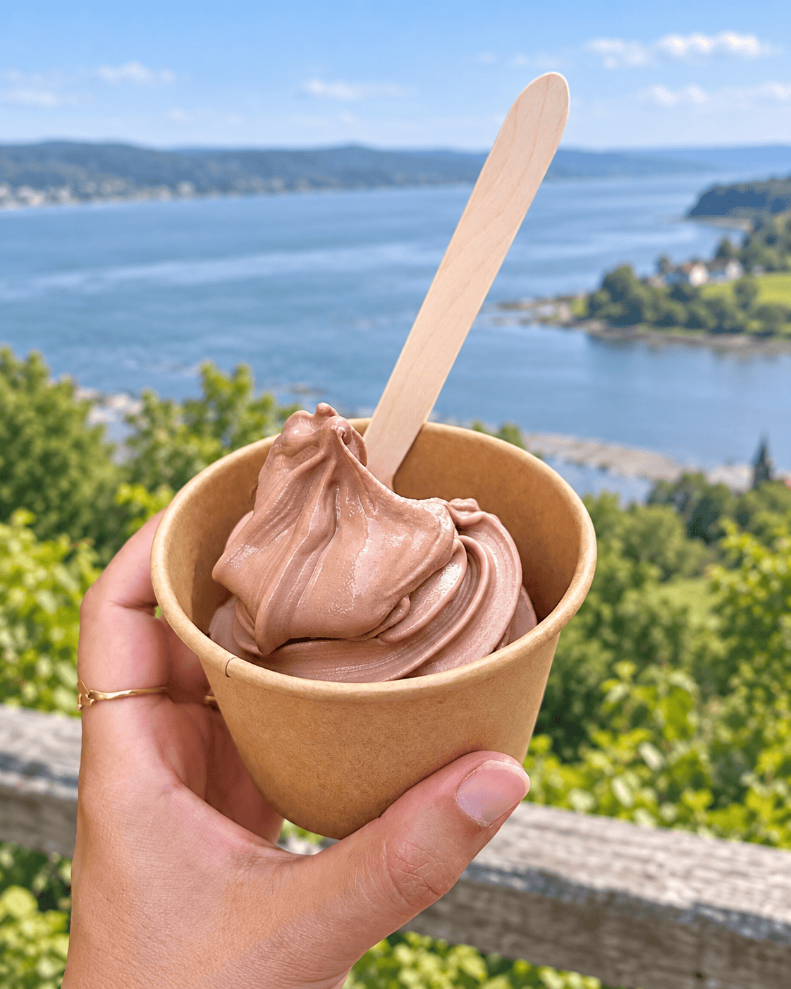 Chocolate soft-serve ice cream from Ferme Audet overlooking the St. Lawrence River on Île d’Orléans, Quebec.