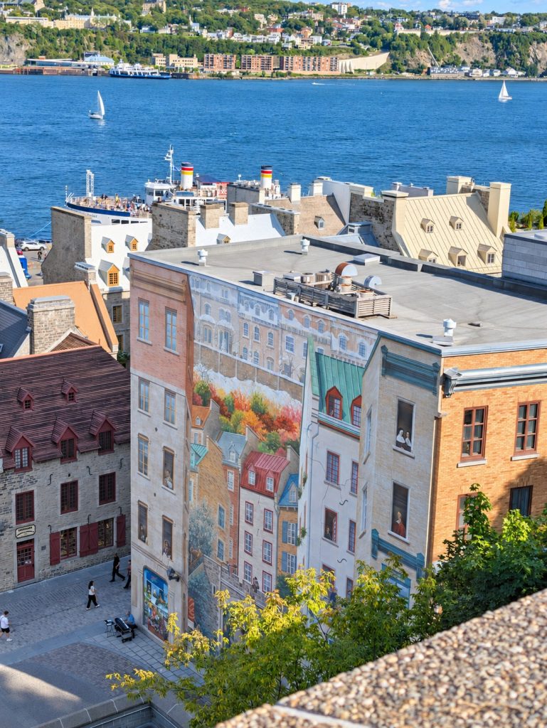 Fresque des Québécois mural overlooking the St. Lawrence River and Lévis from Upper Town in Quebec City.