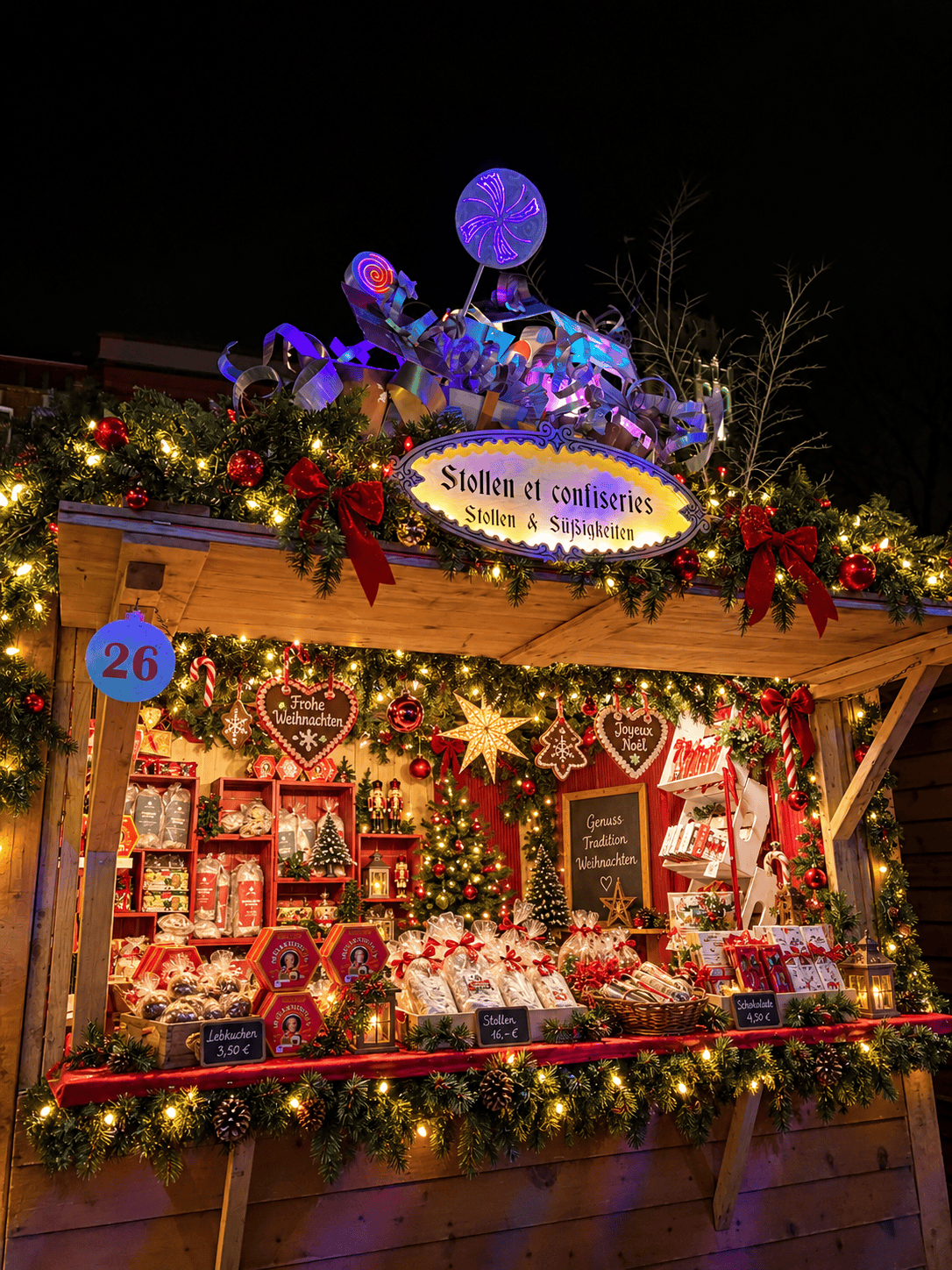 Festive German Christmas Market stall in Old Quebec decorated with garlands, lights, red bows, ornaments, and traditional Christmas sweets.