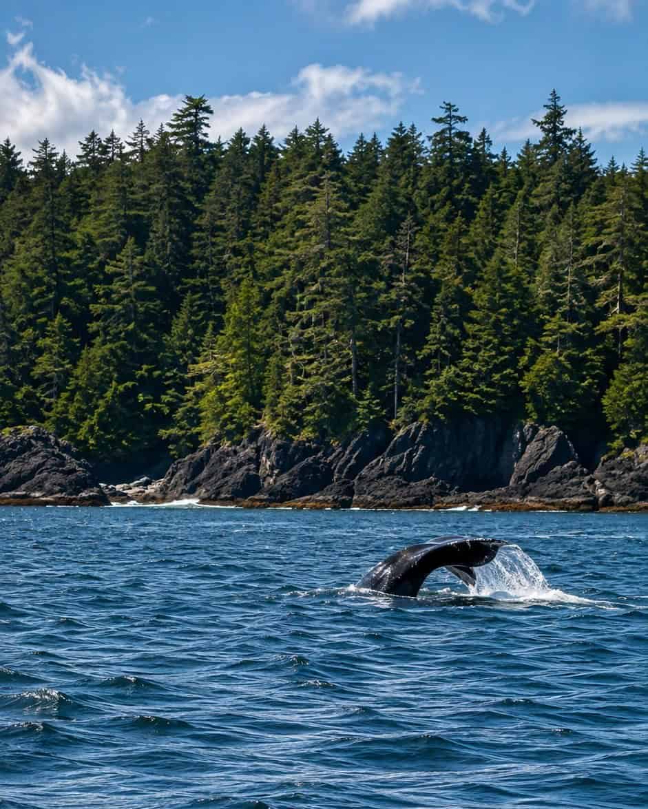 Whale tail rising from the ocean beside the forested coastline of Vancouver Island
