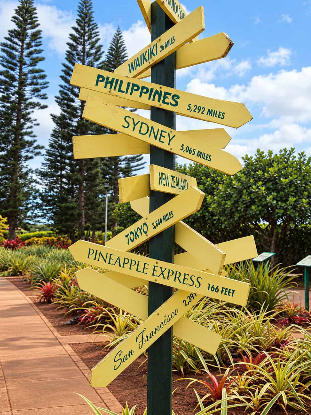 Travel direction sign in Hawaii pointing toward different adventures