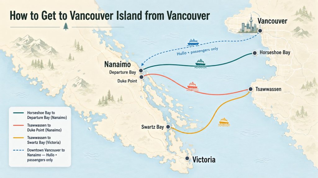 Illustrated map showing ferry routes from Vancouver and Tsawwassen to Nanaimo and Victoria on Vancouver Island.