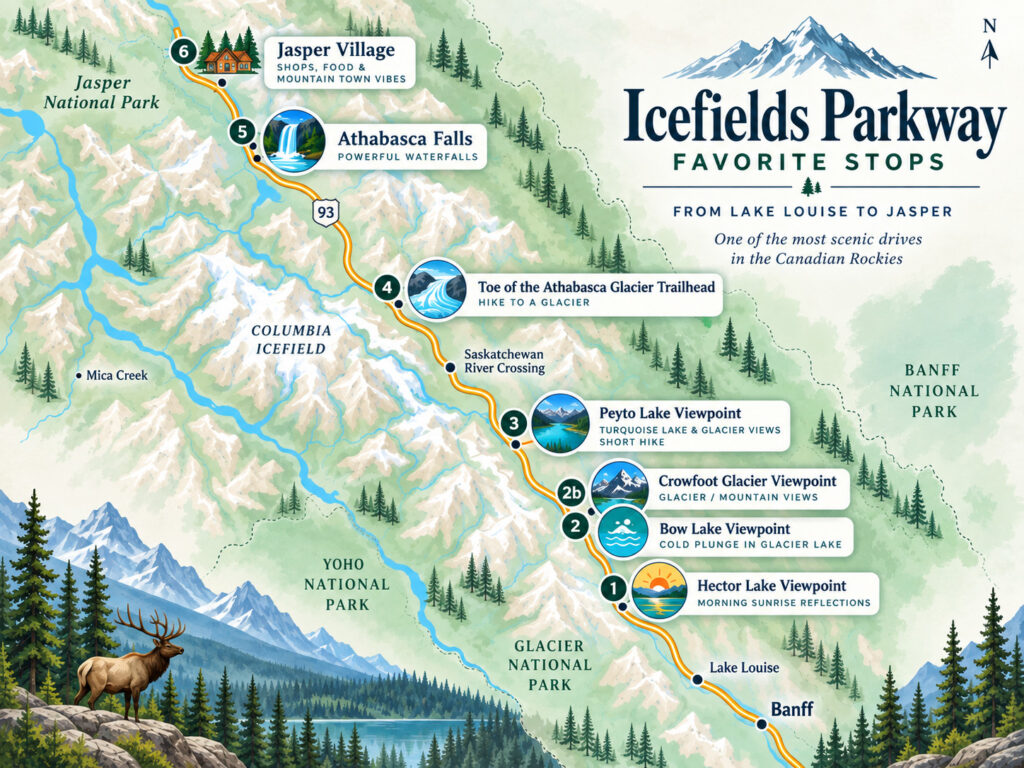 Illustrated Icefields Parkway map from Lake Louise to Jasper showing Hector Lake, Bow Lake, Crowfoot Glacier, Peyto Lake, Athabasca Glacier, Athabasca Falls and Jasper Village.