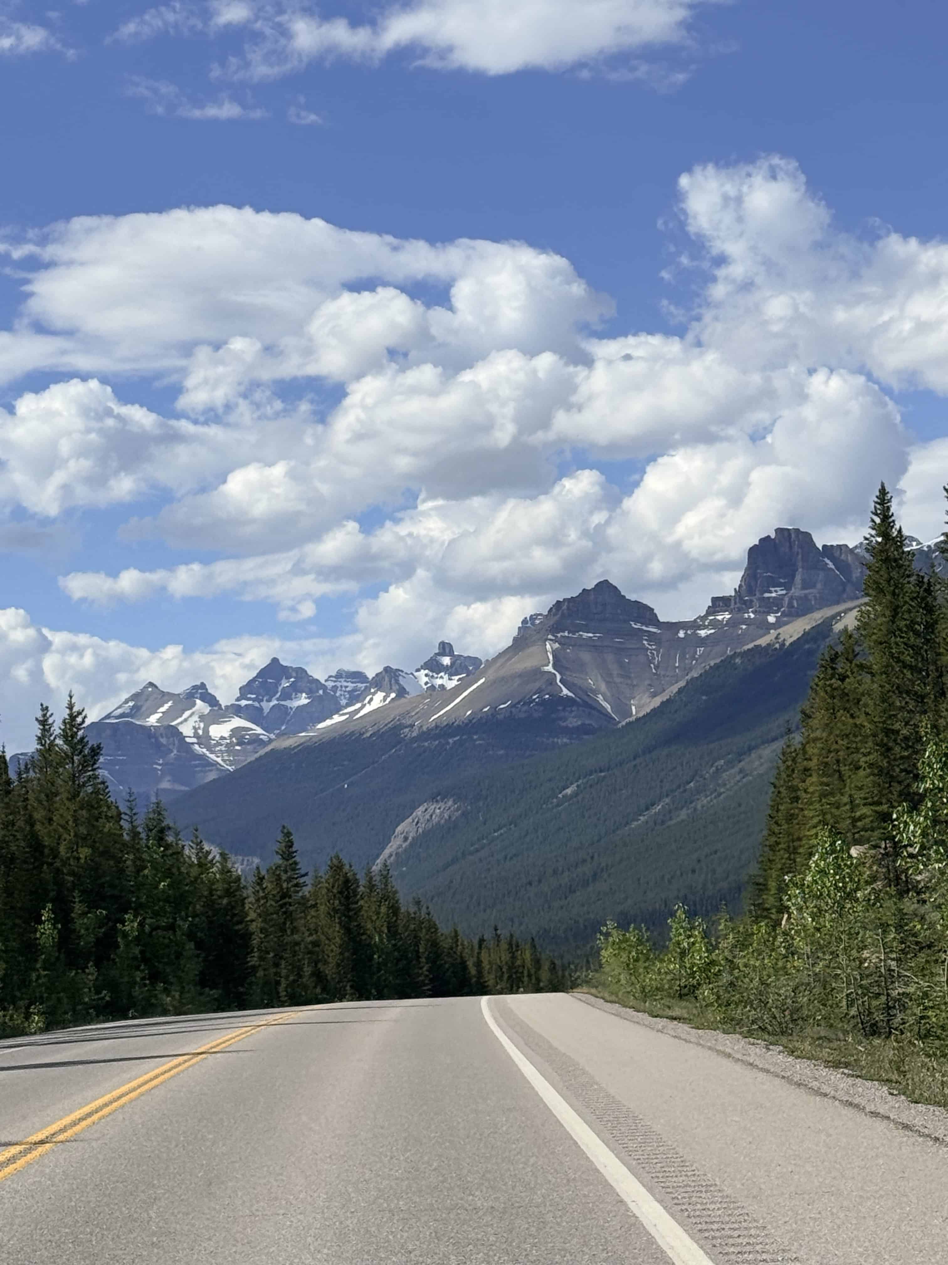 Mountain road along the Icefields Parkway toward Jasper National Park