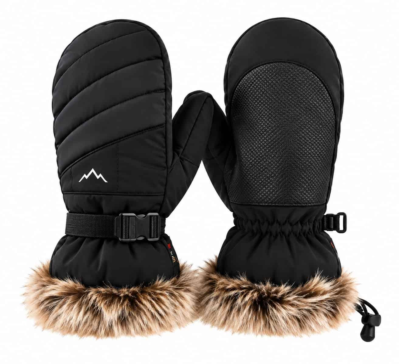 Black insulated winter mittens with faux-fur cuffs for cold weather in Canada