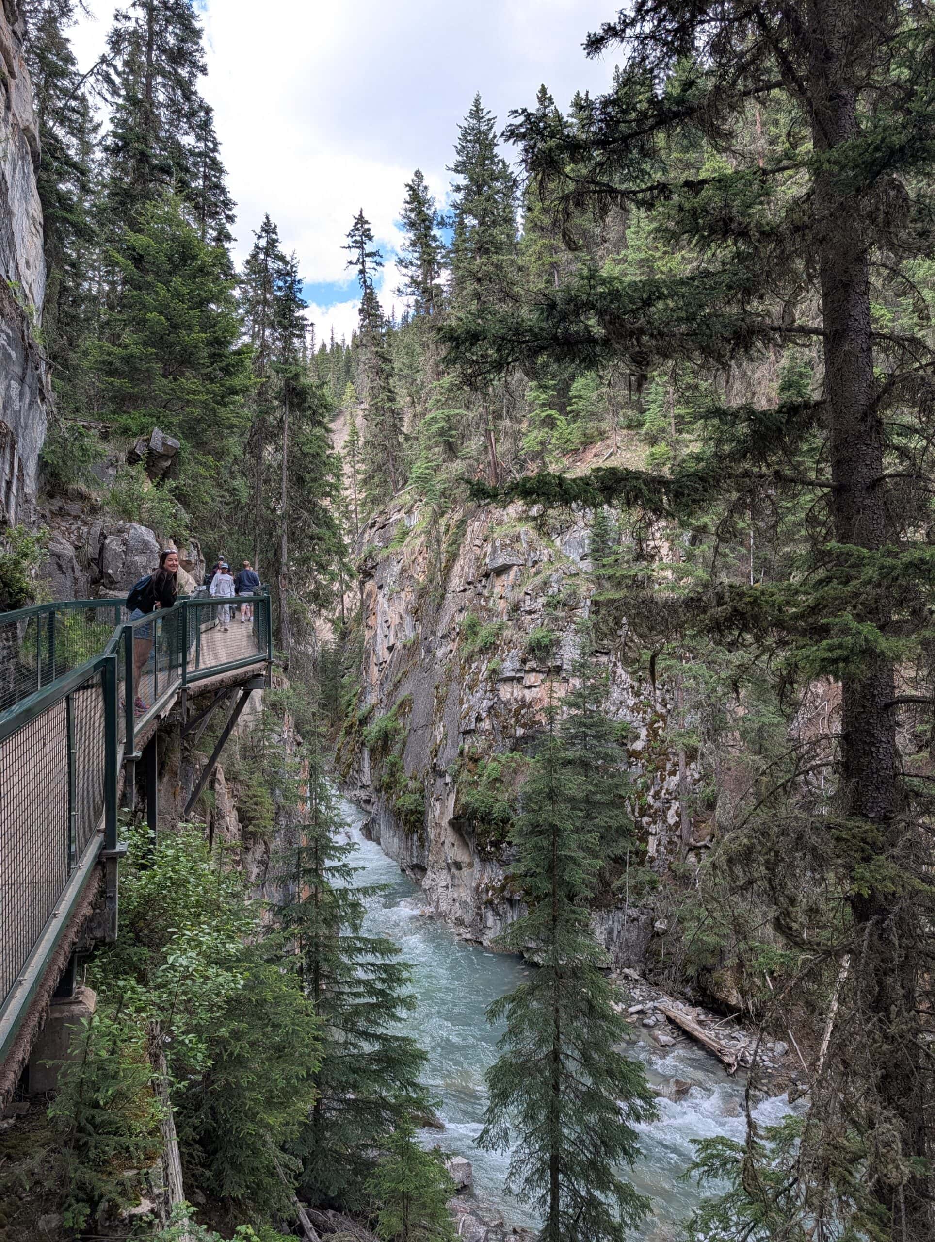 Elevated catwalk curving through Johnston Canyon above the turquoise creek, surrounded by steep rock walls and evergreen forest in Banff National Park.
