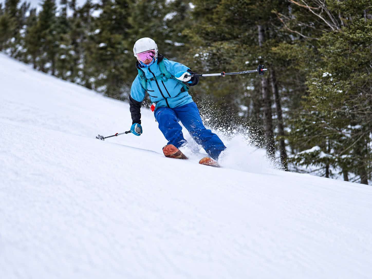 Powder skiing at Massif du Sud in Quebec during winter