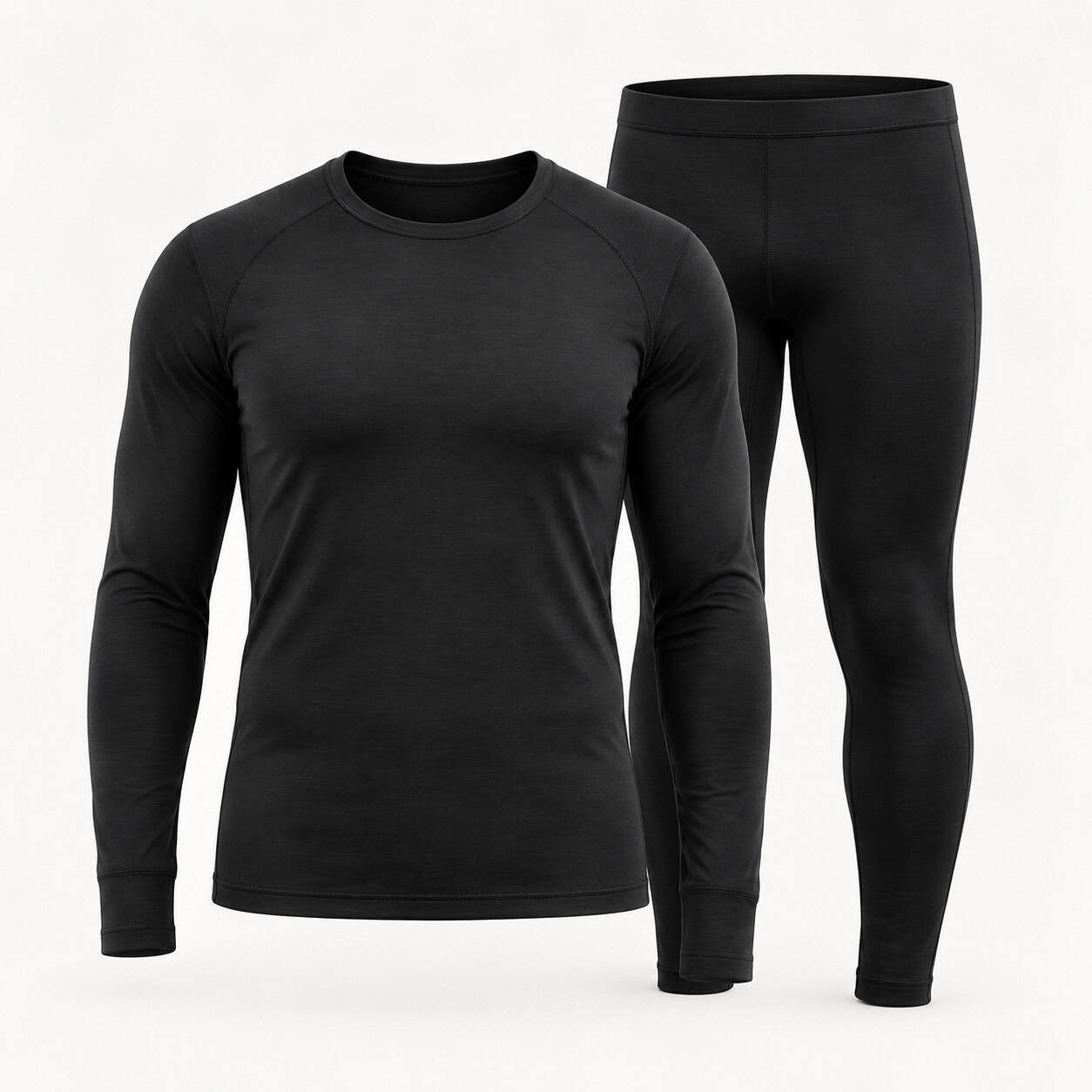 Black merino wool base layer set with long-sleeve top and leggings for winter in Canada