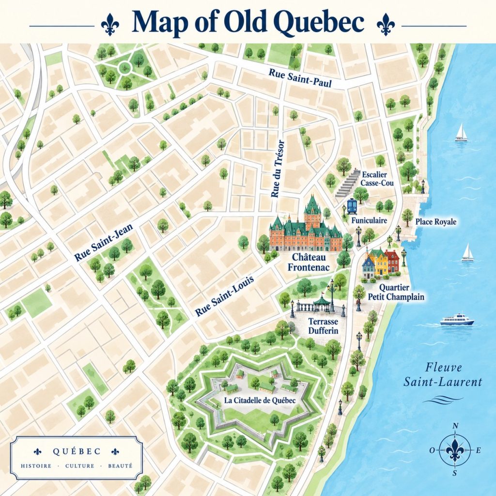 Map of Old Quebec City showing Château Frontenac, Petit Champlain, Place Royale, Terrasse Dufferin, the Citadelle and historic streets