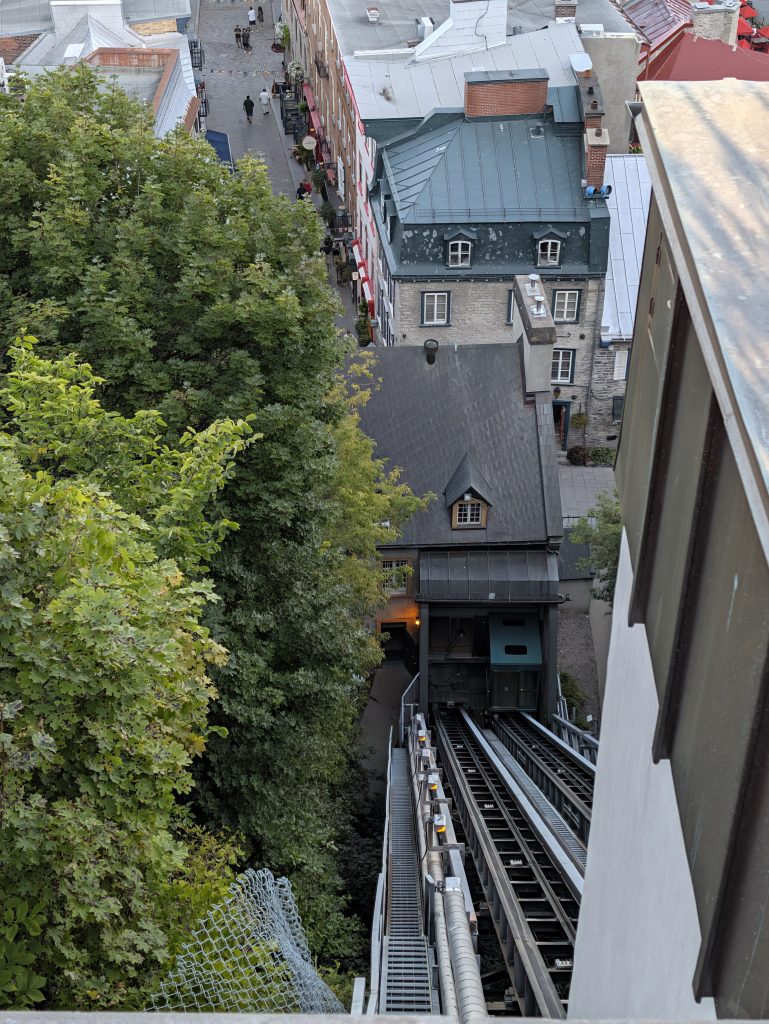 Old Quebec Funicular tracks descending between Upper Town and Lower Town.