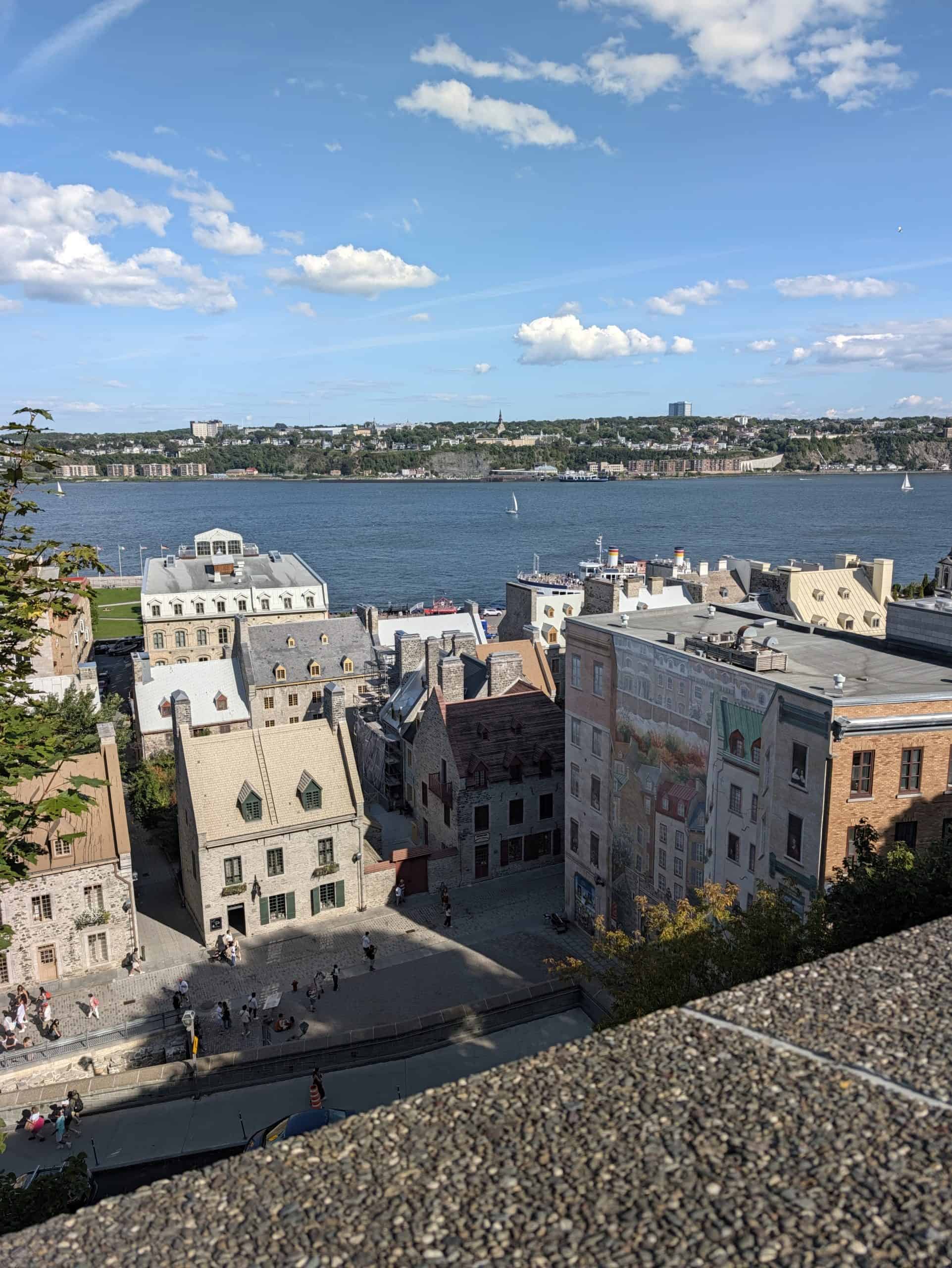 View over Lower Town, the Fresque des Québécois and the St. Lawrence River from Upper Town in Quebec City.