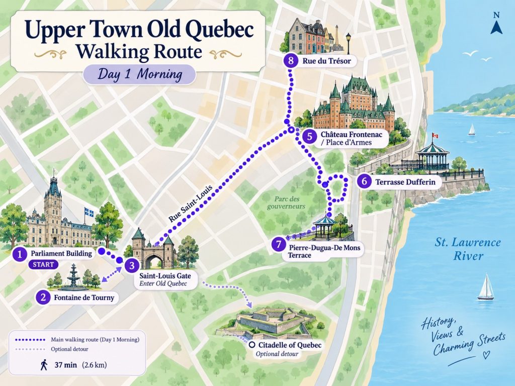 Upper Town Old Quebec walking route from the Parliament Building through Saint-Louis Gate to Château Frontenac, Terrasse Dufferin and Rue du Trésor.