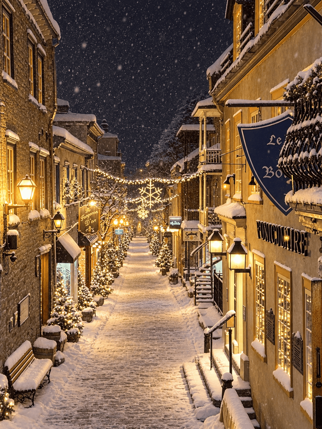 Snow-covered street in Old Quebec at night, decorated with Christmas lights, illuminated trees, and festive storefronts.
