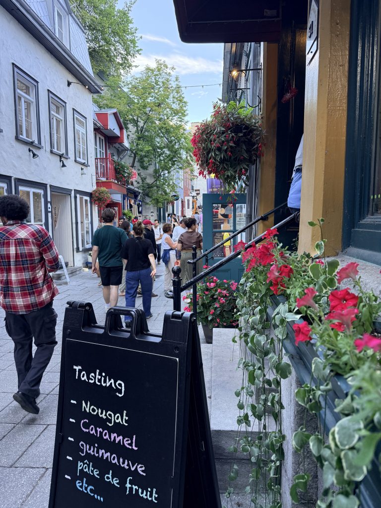 Pedestrian street in Petit-Champlain, Quebec City, lined with colorful shops, flowers, and visitors.