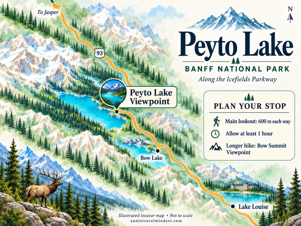 Illustrated map showing Peyto Lake north of Bow Lake and Lake Louise along the Icefields Parkway, with viewpoint walking tips. Not to scale.