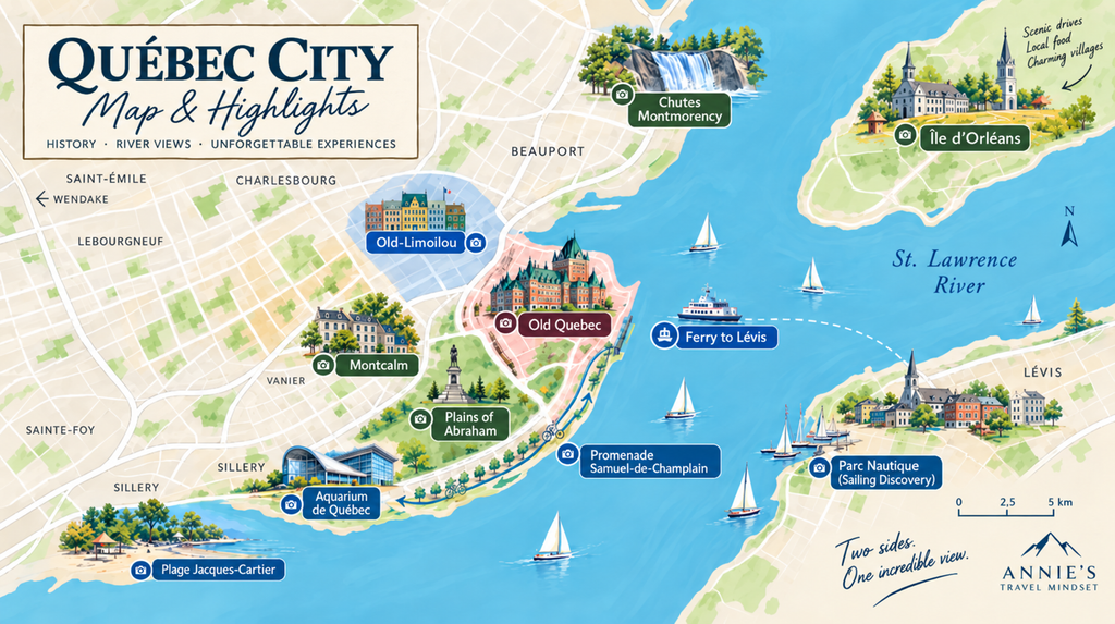 Illustrated Quebec City map showing Old Quebec, Montcalm, Old-Limoilou, Montmorency Falls, Île d’Orléans, the Lévis ferry, Plains of Abraham, Promenade Samuel-de-Champlain, Aquarium de Québec, Plage Jacques-Cartier and Parc Nautique.