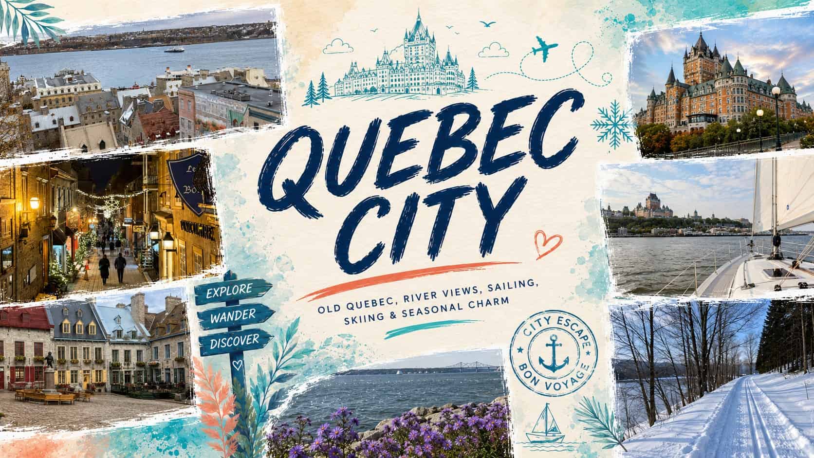 Quebec City travel guide banner featuring Château Frontenac, Old Quebec, the St. Lawrence River, sailing, and winter cross-country skiing.