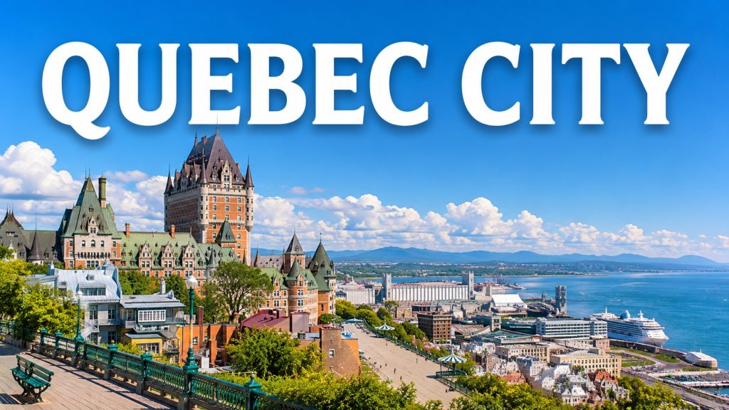 Quebec City travel guide thumbnail featuring Château Frontenac, Dufferin Terrace, Old Quebec, and the St. Lawrence River.