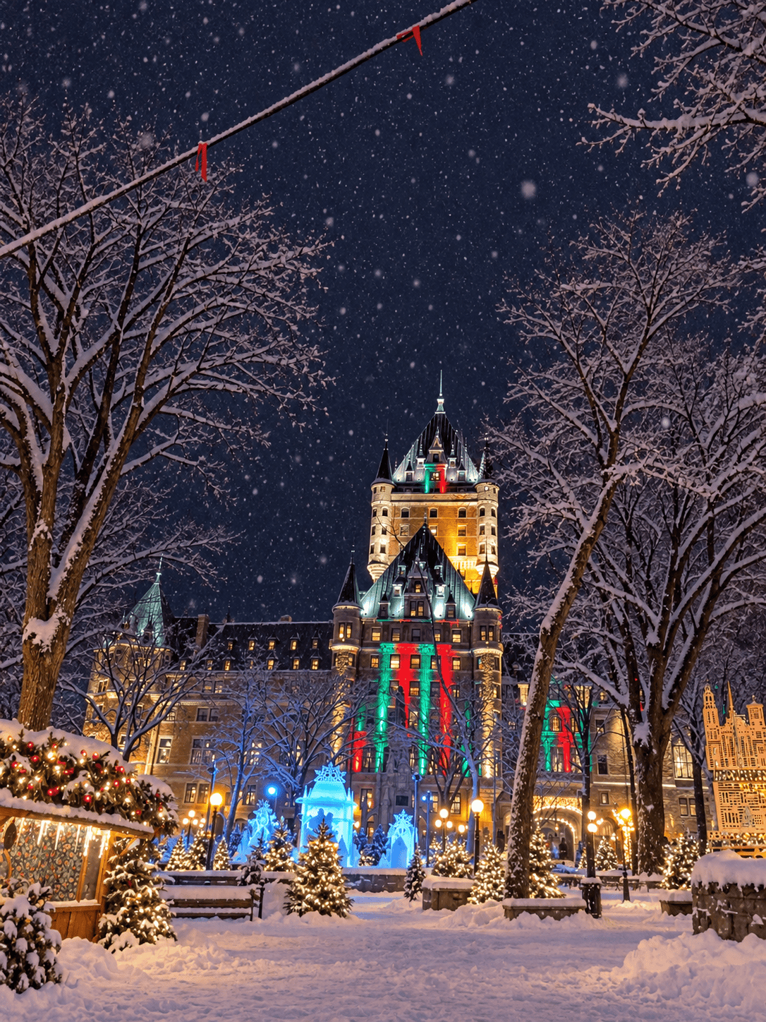Château Frontenac illuminated for Christmas on a snowy winter night in Quebec City, surrounded by festive lights and snow-covered trees.