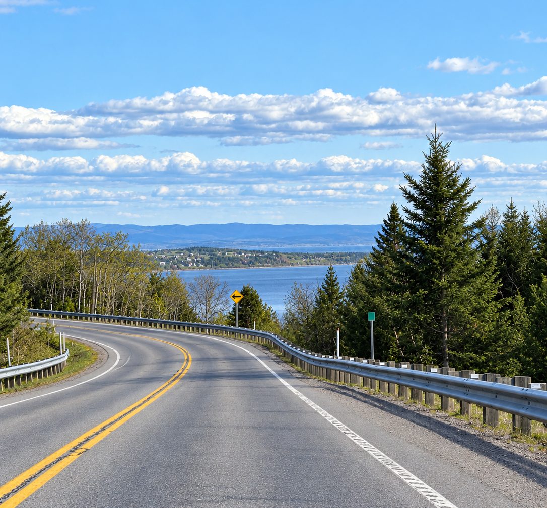 Scenic road descending toward Baie-Saint-Paul in Charlevoix with views of the St. Lawrence River and surrounding hills.