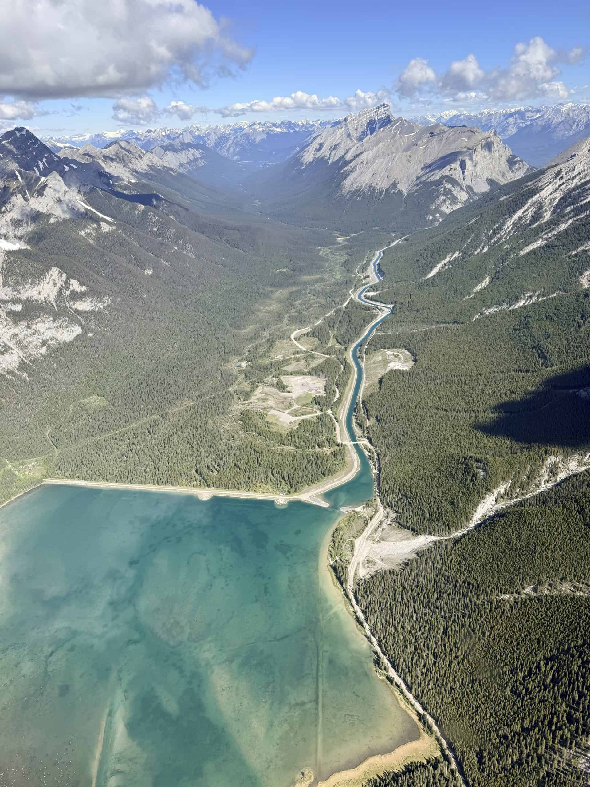 Aerial view of the Canadian Rocky Mountains in Alberta.