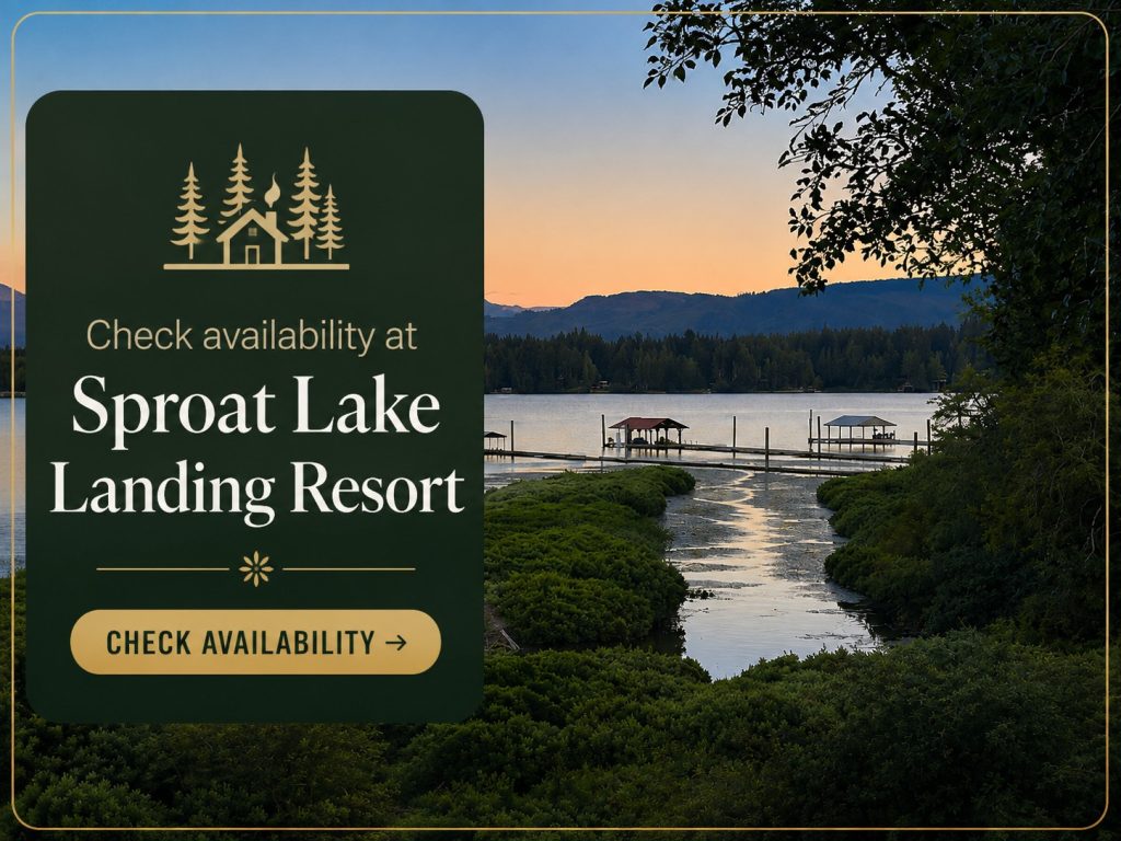 Sproat Lake evening view with a booking thumbnail for Sproat Lake Landing Resort on Vancouver Island.