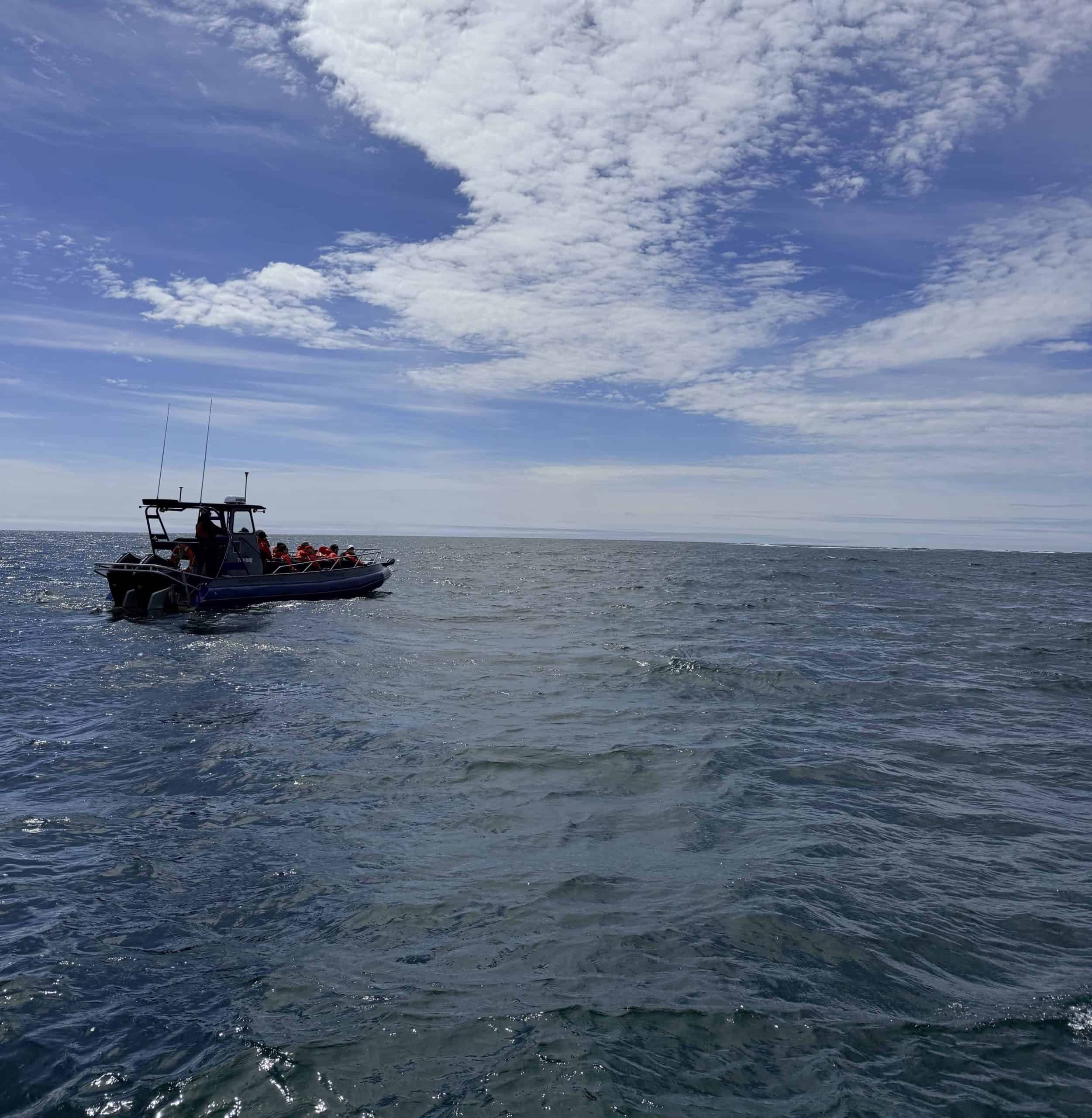 Whale watching boat on the ocean near Tofino under a bright sky with scattered clouds.