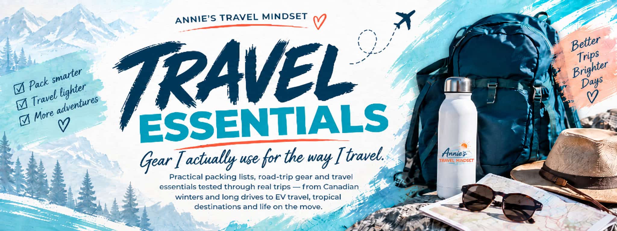 Travel Essentials banner for Annie’s Travel Mindset featuring travel gear, a backpack, hat, sunglasses, and the text “Gear I actually use for the way I travel.”