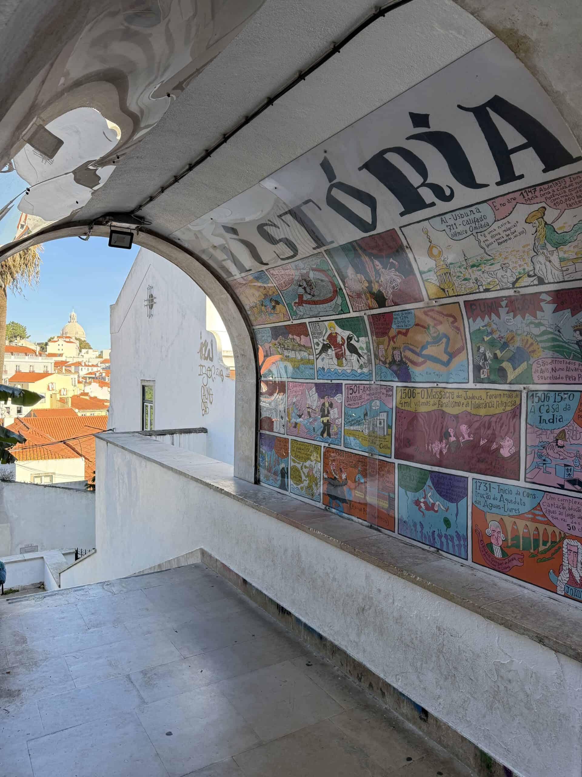 Colourful illustrated historical street art mural featuring multiple painted scenes beneath an archway in Alfama, Lisbon.