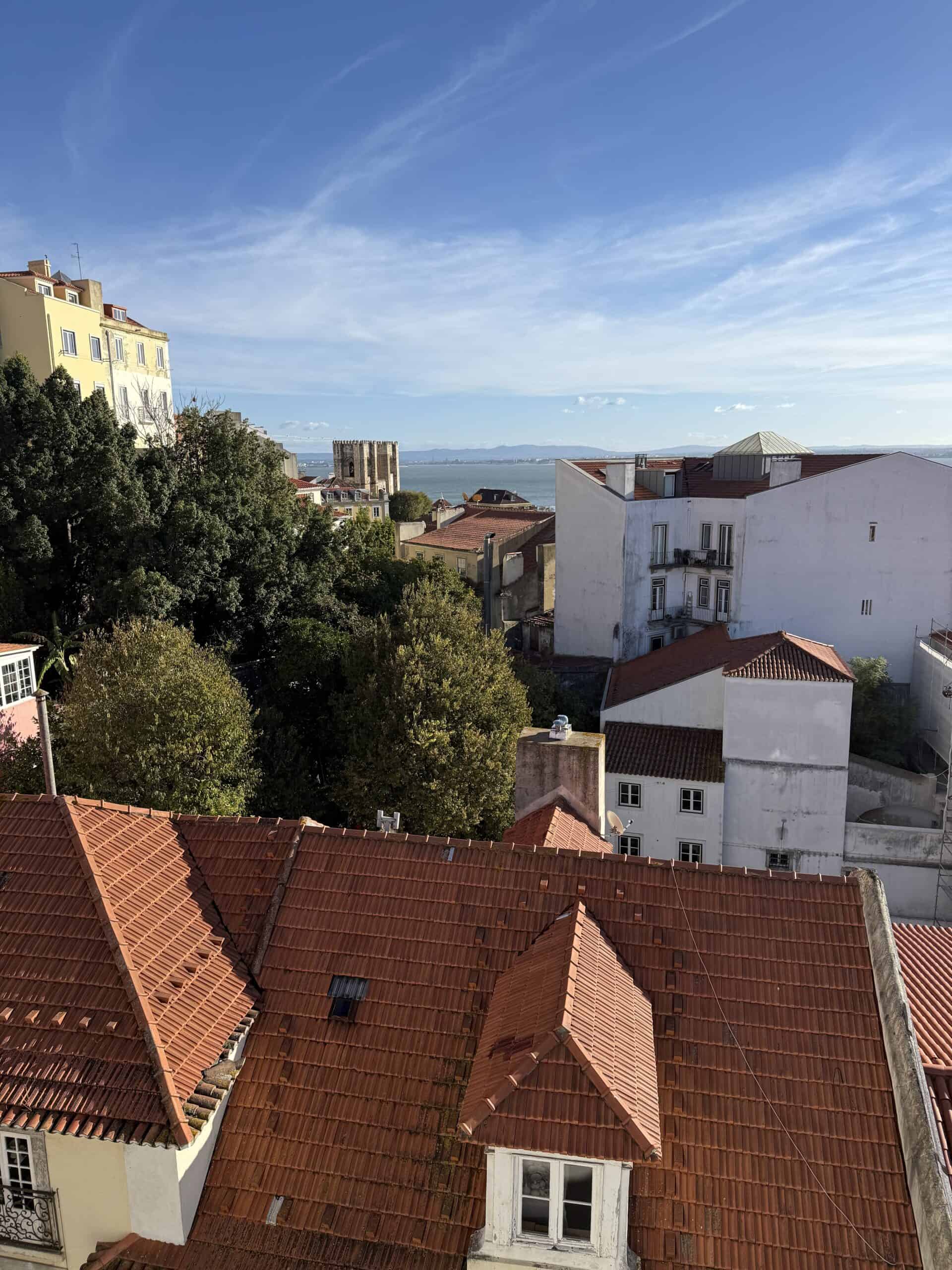 Terracotta rooftops, trees and historic buildings overlooking the Tagus River in Alfama, Lisbon.