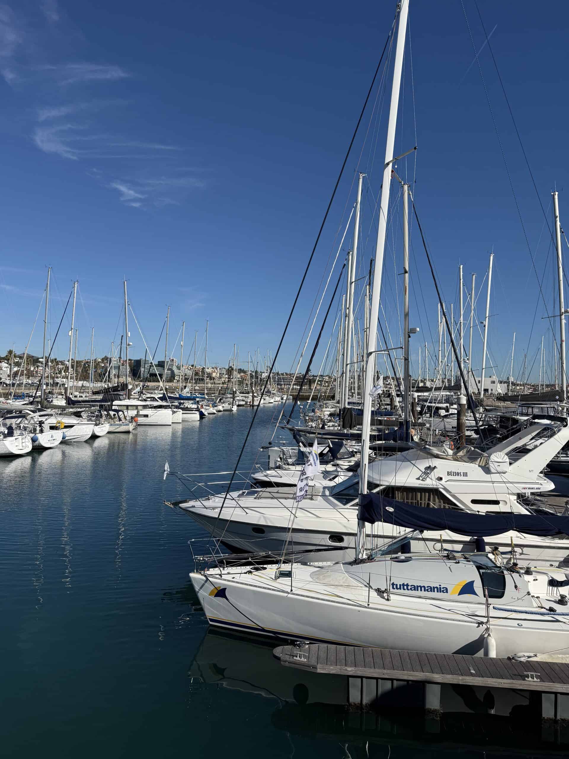 Sailboats and yachts moored along the docks at Cascais Marina, Portugal, with calm blue water and clear skies.