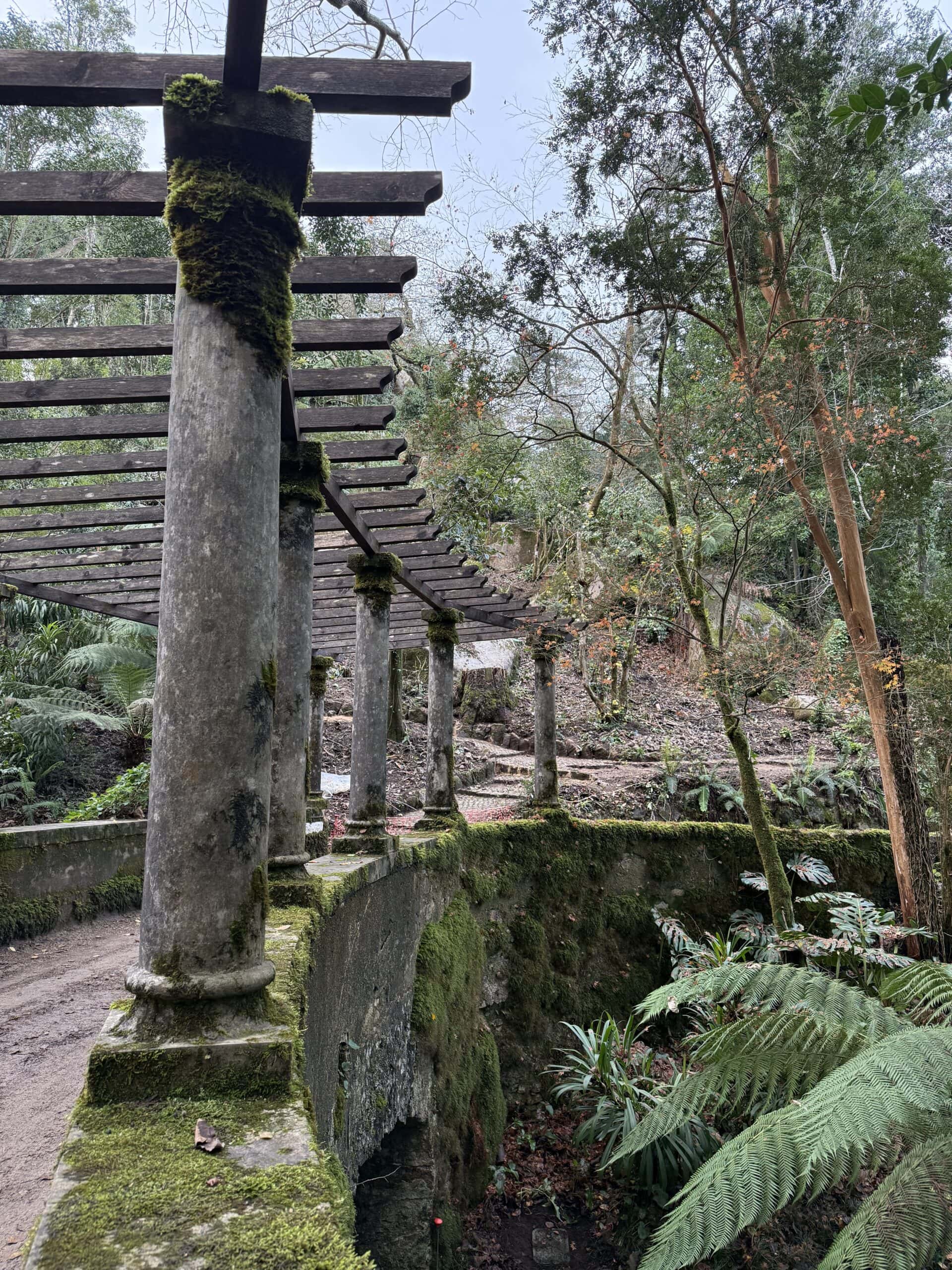 Moss-covered pergola and lush garden path near the Chalet of the Countess of Edla in Pena Park, Sintra.