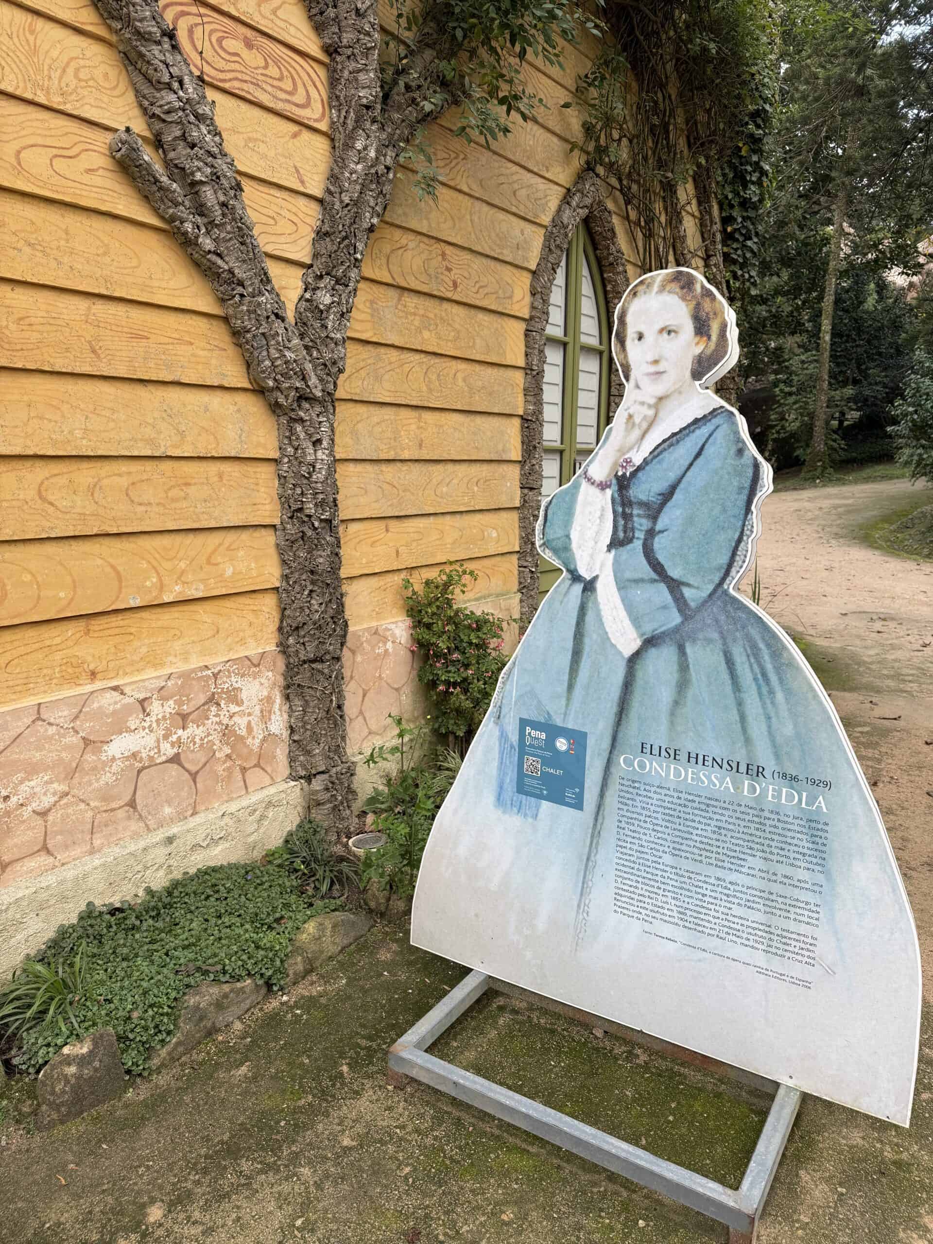 Interpretive display about Elise Hensler, the Countess of Edla, beside her chalet in Pena Park, Sintra.