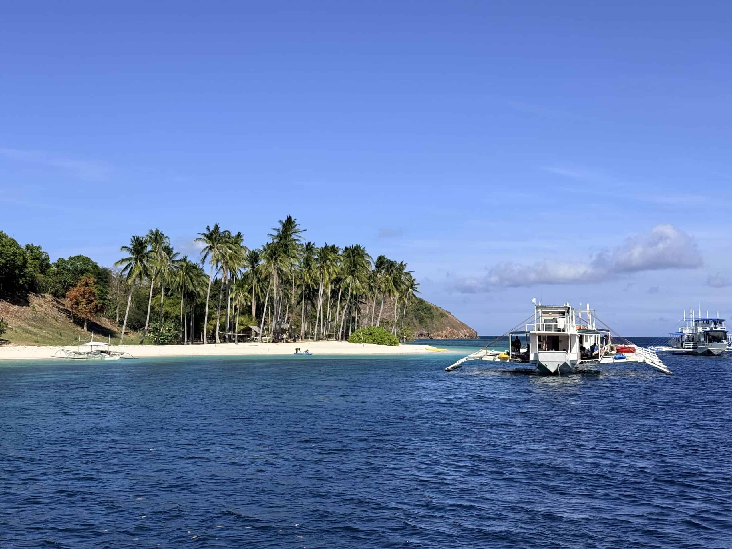 Filipino outrigger boats anchored in blue water beside a white-sand beach and tall palm trees in Palawan.