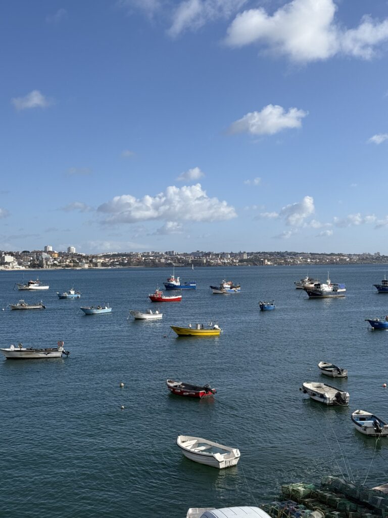 Colorful fishing boats floating in Cascais Bay, Portugal