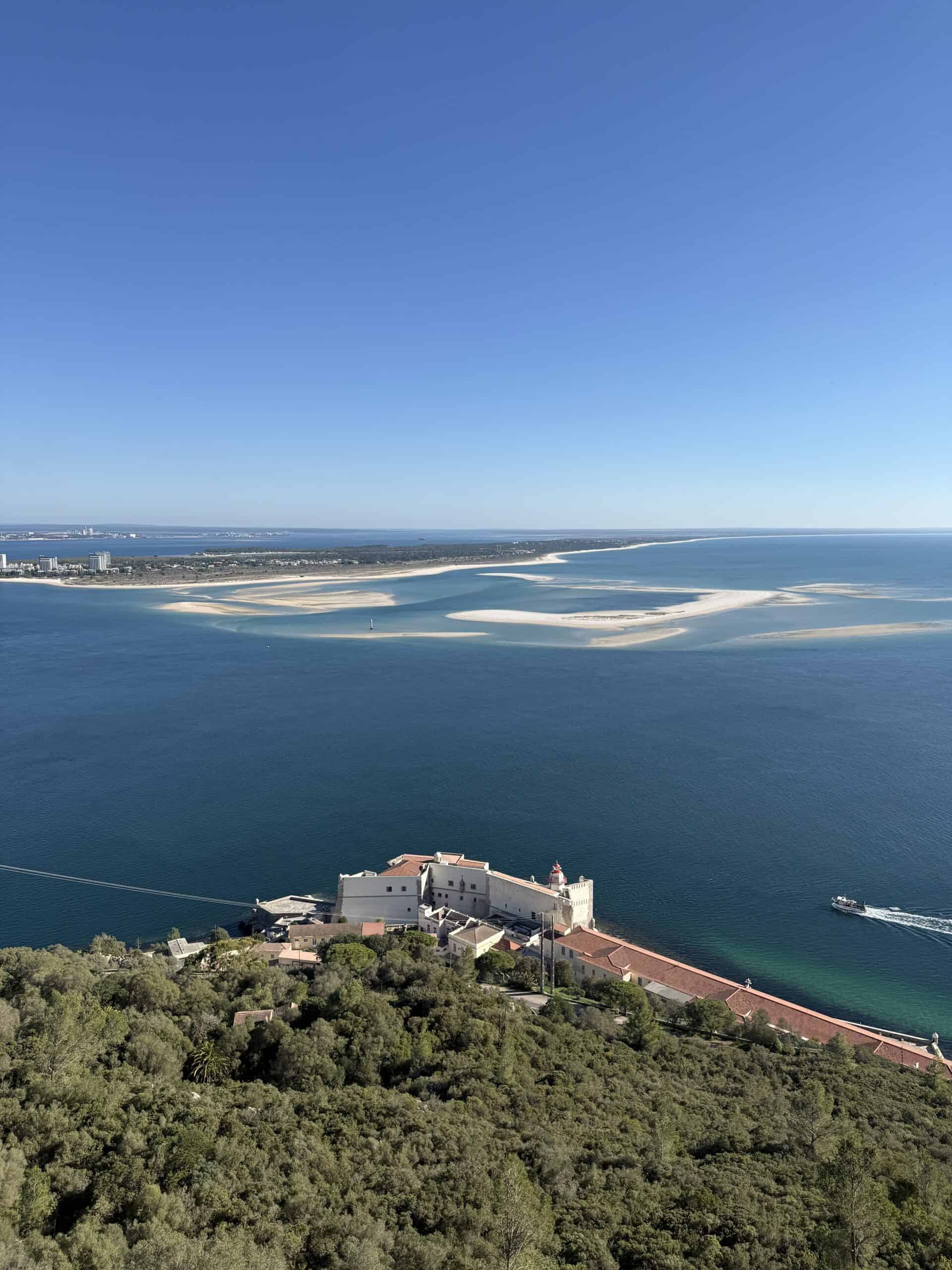 Panoramic view of the Tróia Peninsula, sandy islands and Sado Estuary from Fortaleza de São Filipe in Setúbal, Portugal