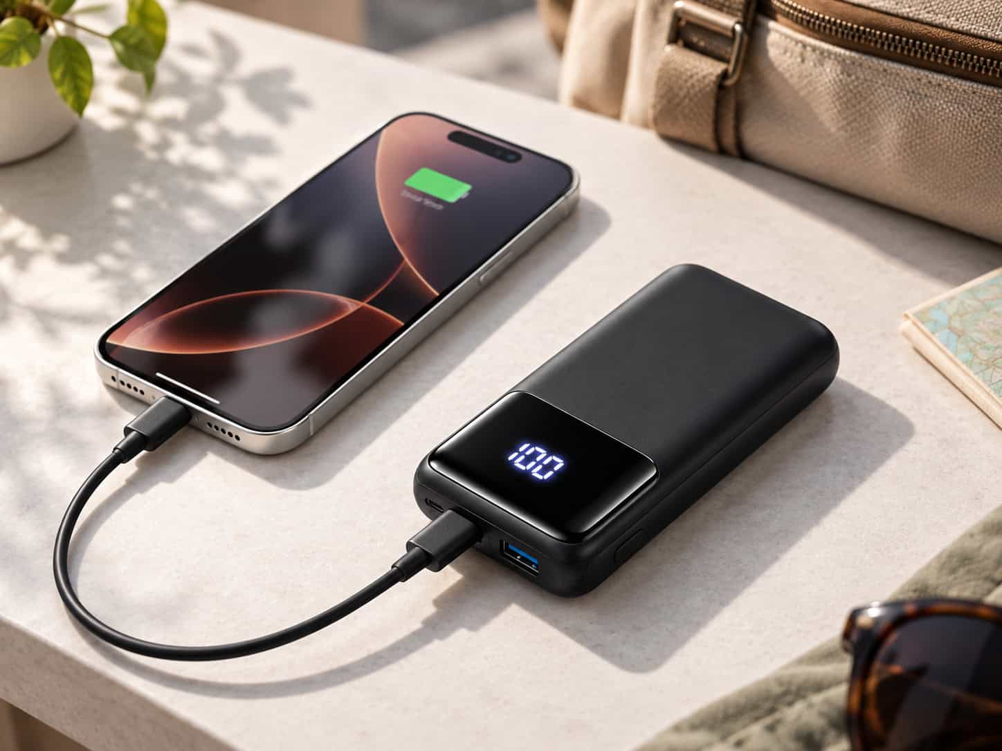 INIU portable power bank charging a phone during travel