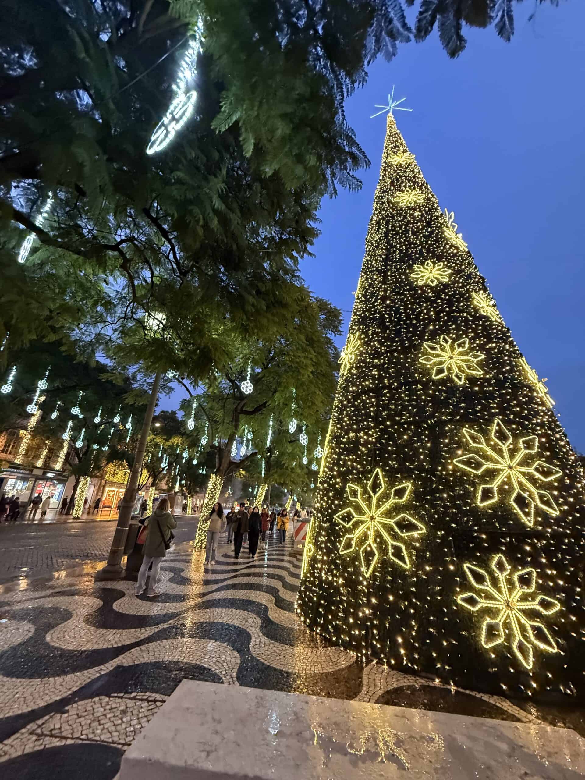 Tall Christmas tree glowing with golden lights and snowflake decorations in Lisbon's Rossio Square.