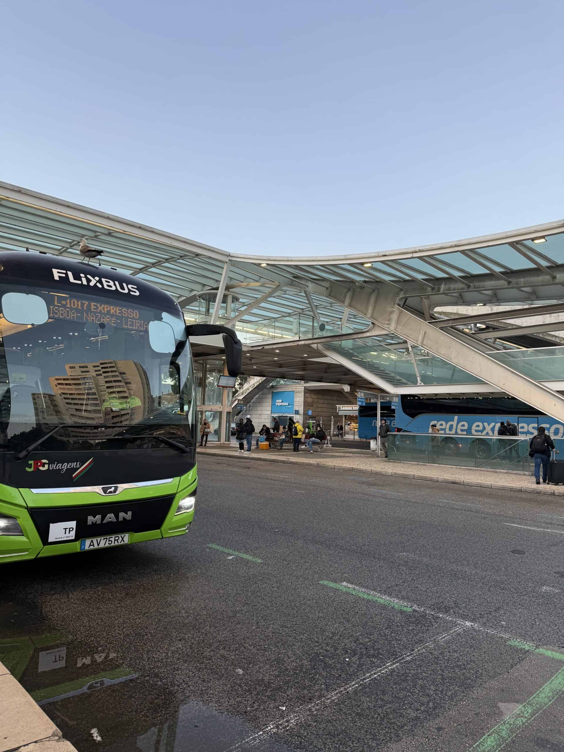 Express bus displaying Nazaré on its destination sign at Lisbon's Sete Rios bus station in Portugal