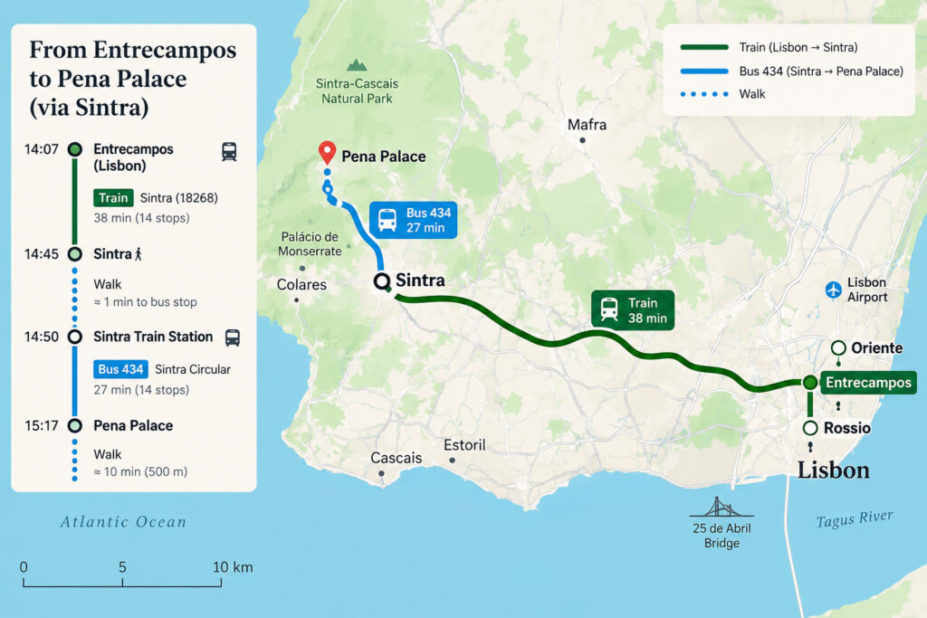 Map showing how to travel from Lisbon to Sintra and Pena Palace by train, Bus 434, and walking.