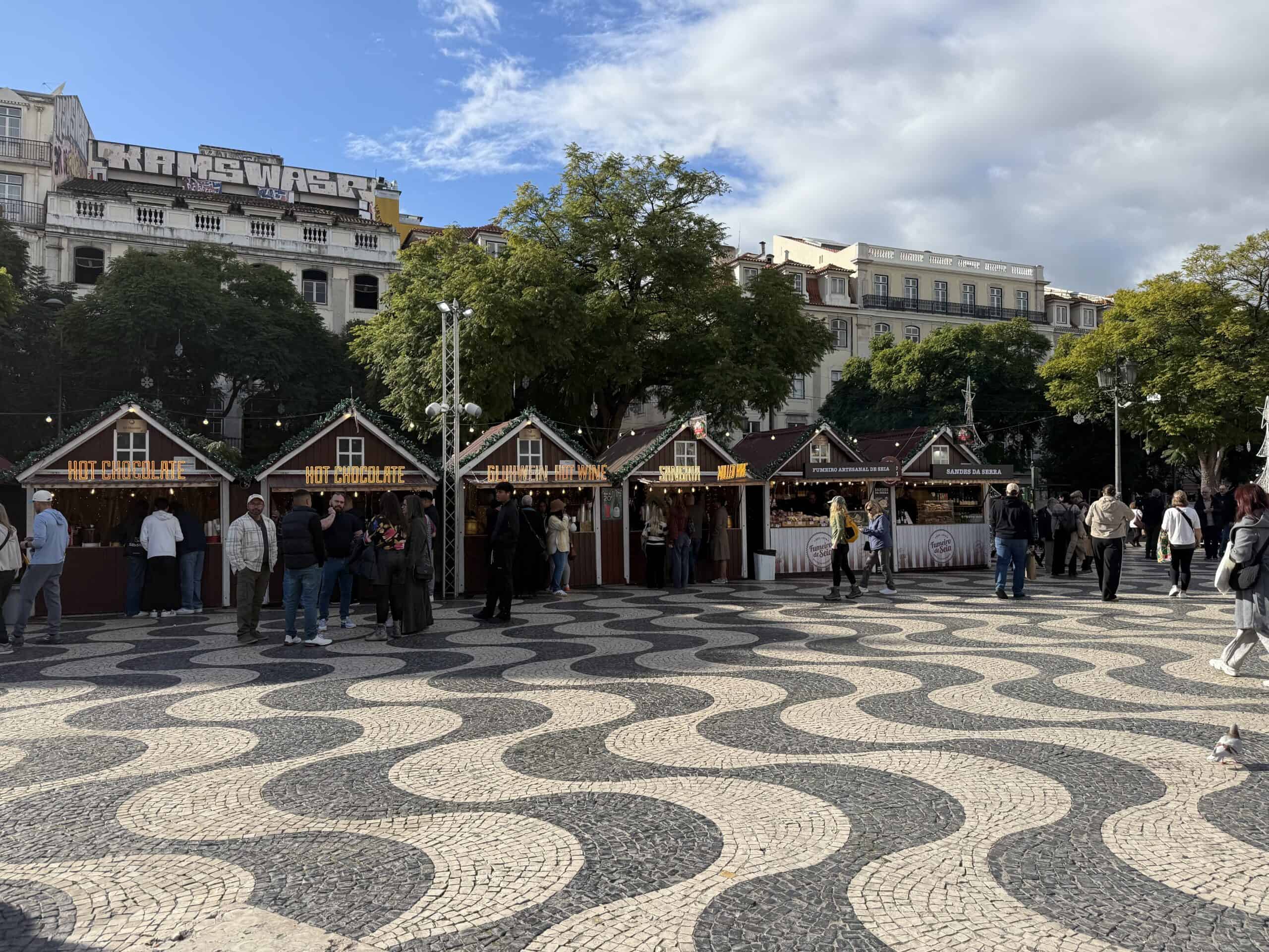 Wooden Christmas market stalls selling gifts and handmade crafts at Rossio Square in Lisbon.