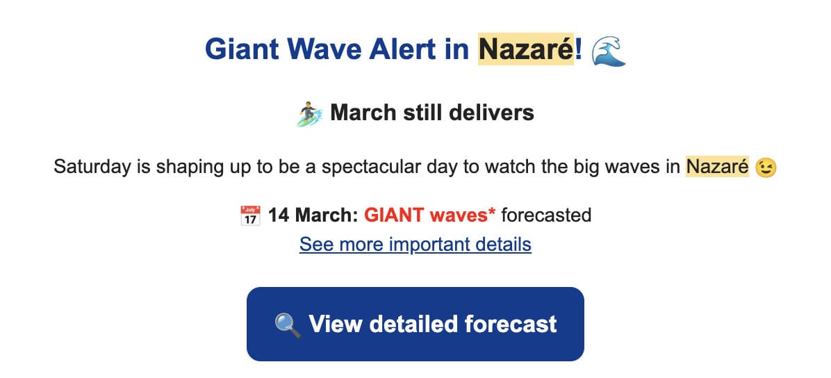 Screenshot of a Nazaré Waves email newsletter announcing a Giant Wave Alert and forecasting giant waves in Nazaré, Portugal