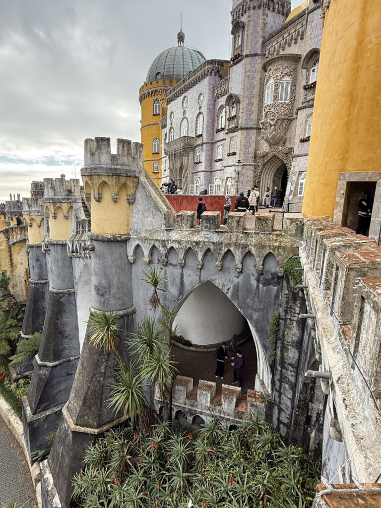 Colorful exterior and terrace of Pena Palace in Sintra, Portugal