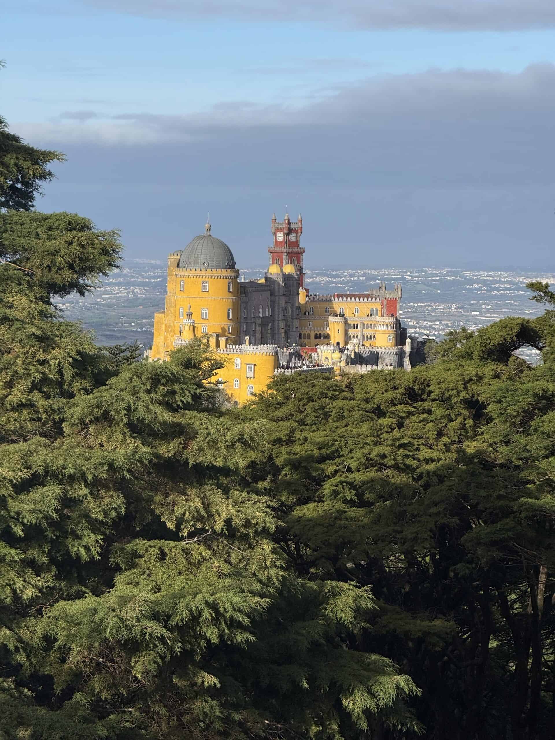 View of Pena Palace rising above the forest from Cruz Alta in Sintra.